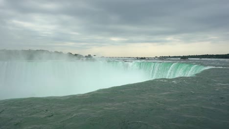 static wide shot of the niagara river and niagara falls in the canadian province of ontario near new york with view of the flowing waterfall on a cloudy day in slow motion