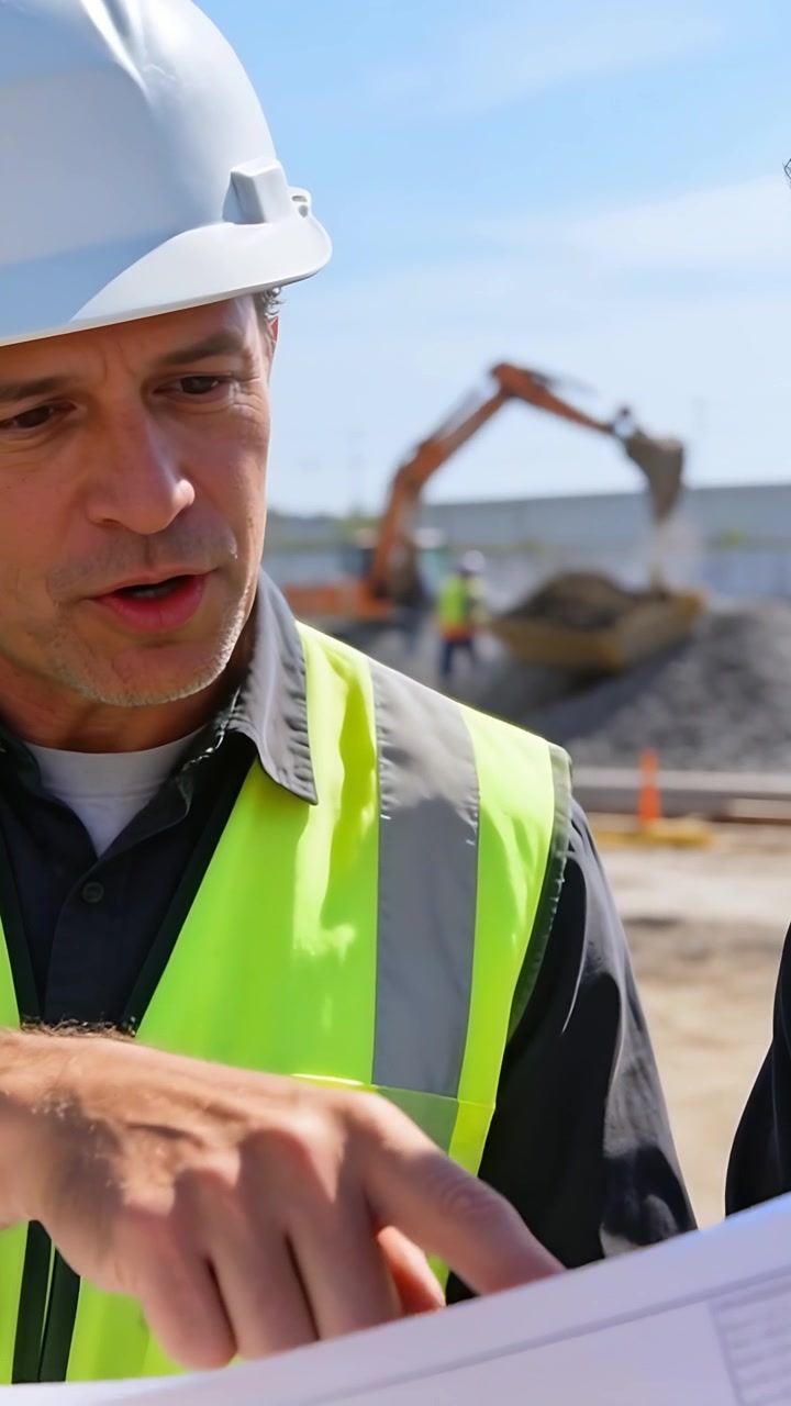 Vertical video: Excavator moving, man in white hardhat neon vest pointing at plans, directing crew
