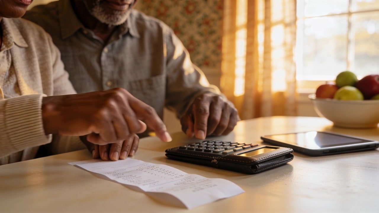 Receipt initiating older couple calculating, pressing calculator at kitchen table verifying totals