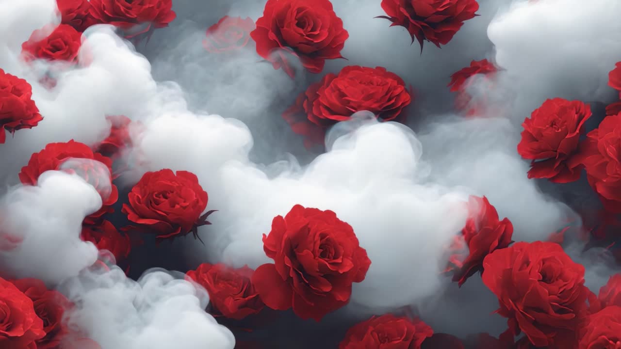 Een prachtige compositie van rode rozen, omringd door zachte, etherische wolken, die een droomachtige sfeer creëert en emoties van romantiek en sereniteit oproept.