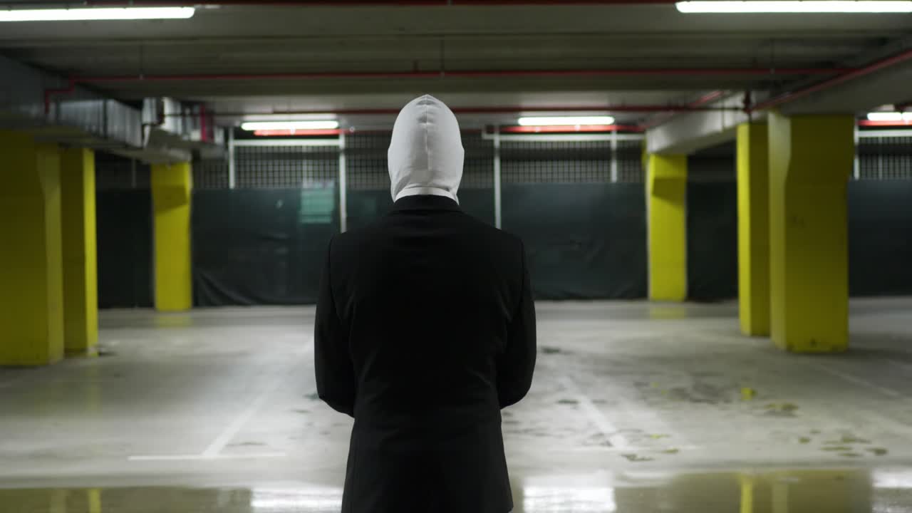 흰색 마스크를 쓴 정장을 입은 남자가 등을 앞으로 돌리고 있다