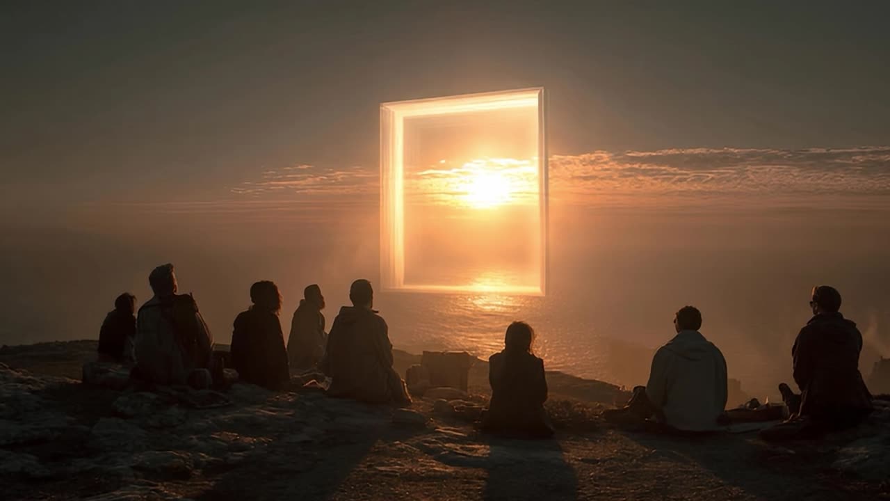 Sunset gathering by the ocean with a glowing portal effect