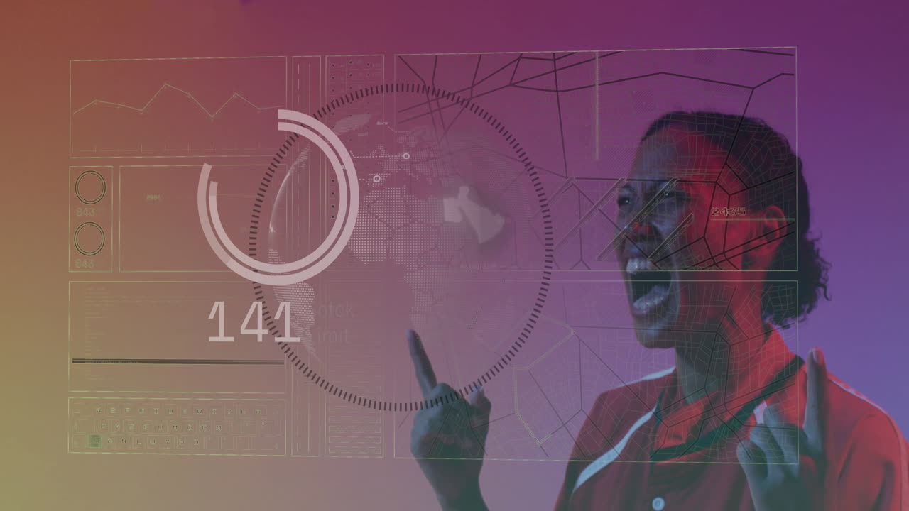 Woman pointing upward in tech studio, displaying HUD ring, numeric 142 readout, world map overlay