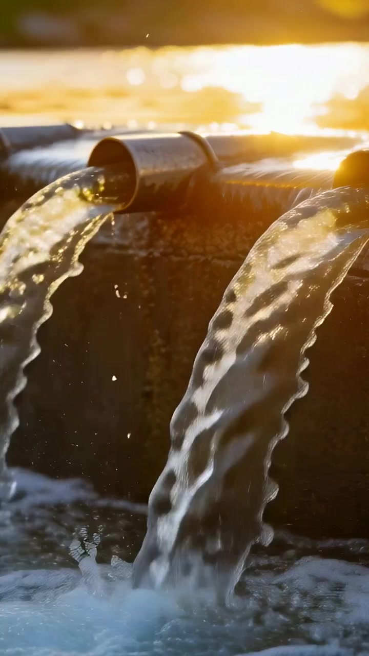 Video verticale: Pompa in funzione che alimenta due beccucci metallici che versano acqua su un bordo di pietra, con schizzi illuminati dal sole.