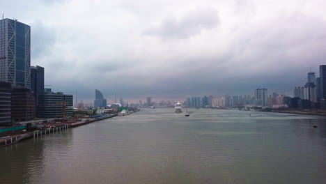 seagull bird nearly crashes into drone on huangpu river in shanghai, china