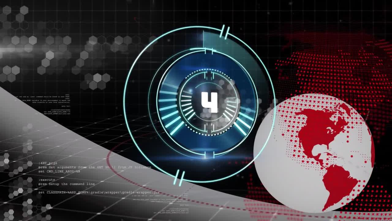 animación del círculo de procesamiento y el conteo sobre el globo, procesamiento de datos en fondo negro.