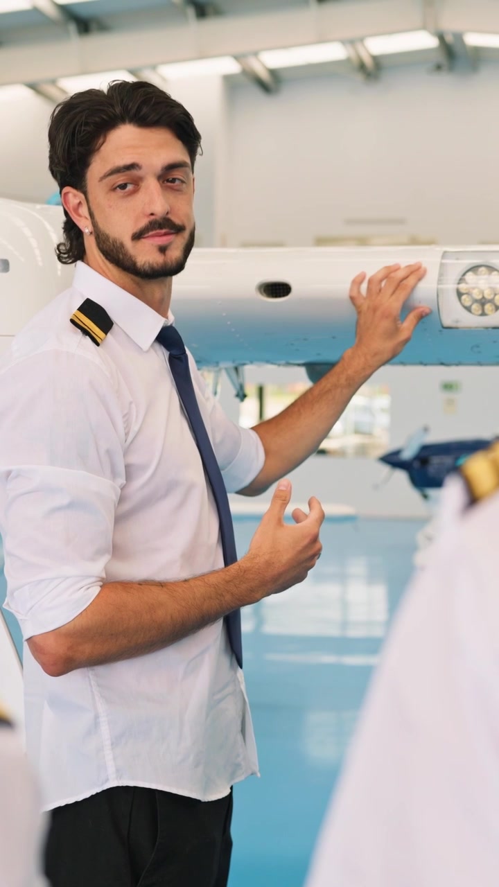Pilota di linea che ispeziona l'ala di un aereo in un hangar