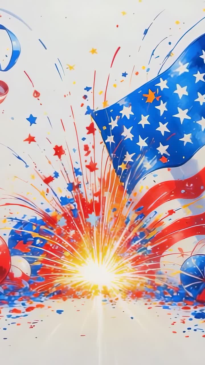 Vertical video: Patriotic spark burst sending confetti and waving American flag on pale backdrop