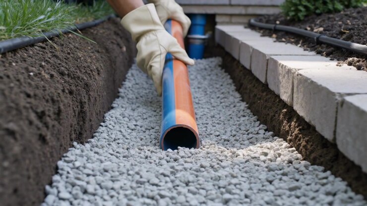 Sliding gloved hands guiding orange conduit along gravel trench to seat at blue connector