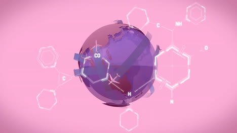 animation of chemical formula over globe on pink background