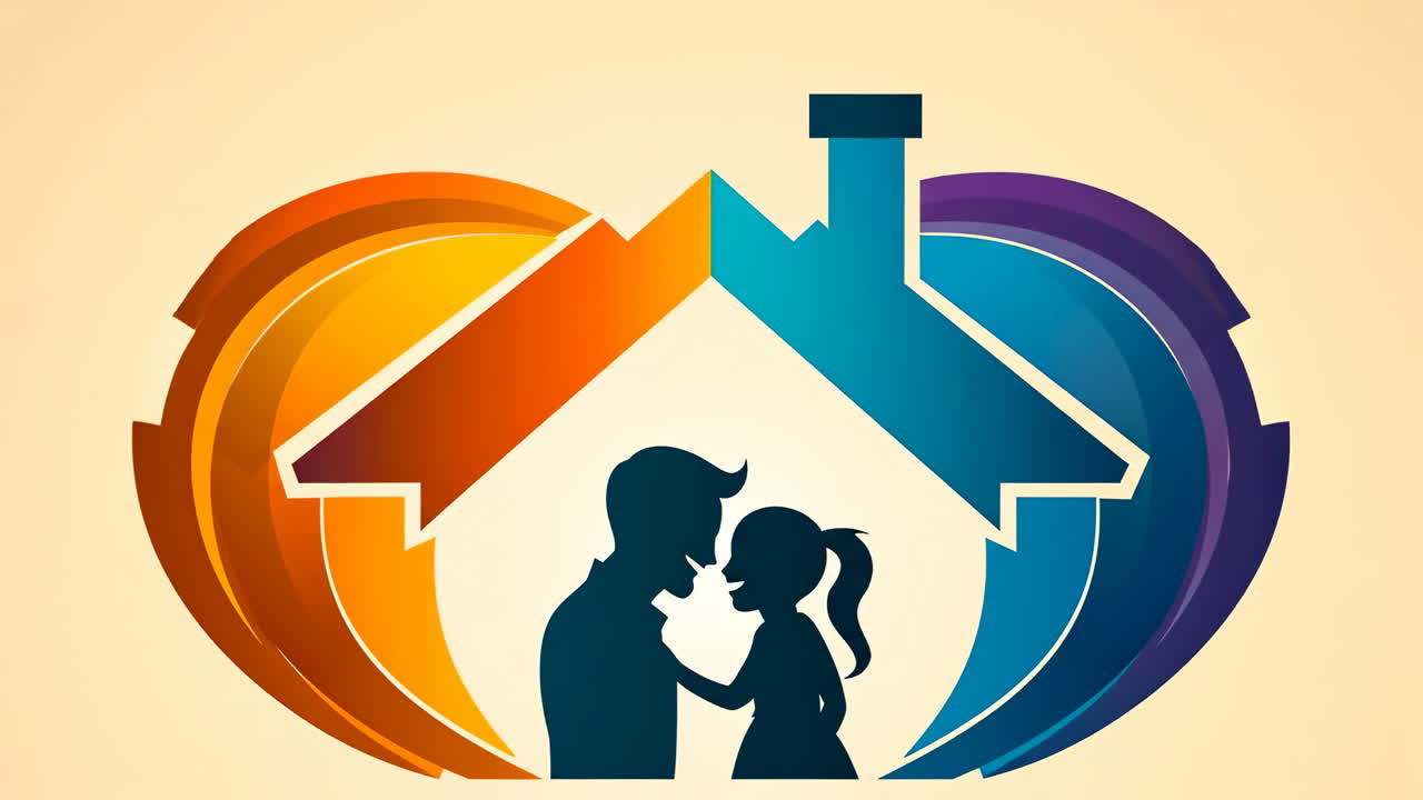 Family love and togetherness symbol. A silhouette of a parent and child inside a colorful house, representing love, unity, and family bonds