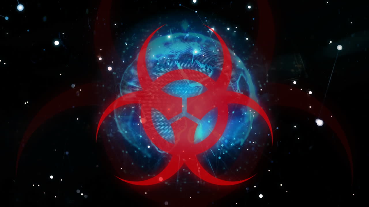 ⁇ 은 색의 건강 위험 표지판의 애니메이션이 배경에 회전하는 지구에 있습니다.