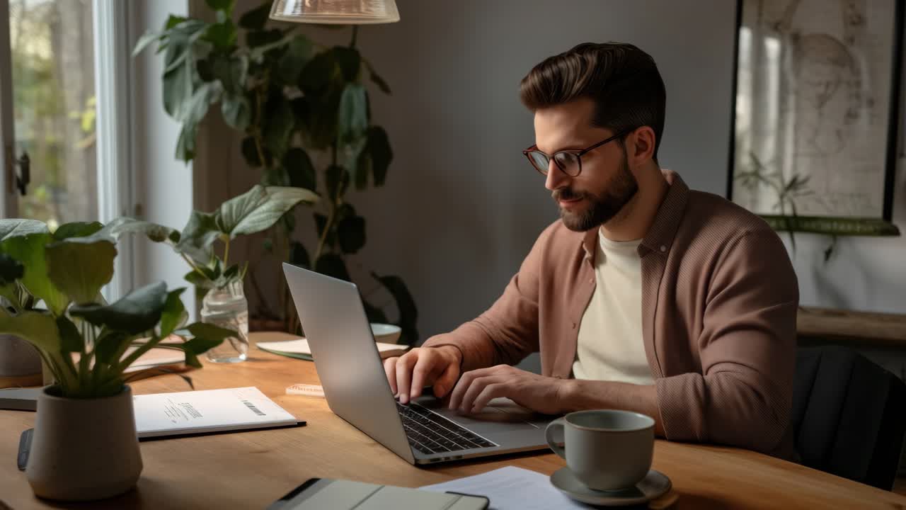 A cozy home office setting with a man working on a laptop. The side angle captures a serene