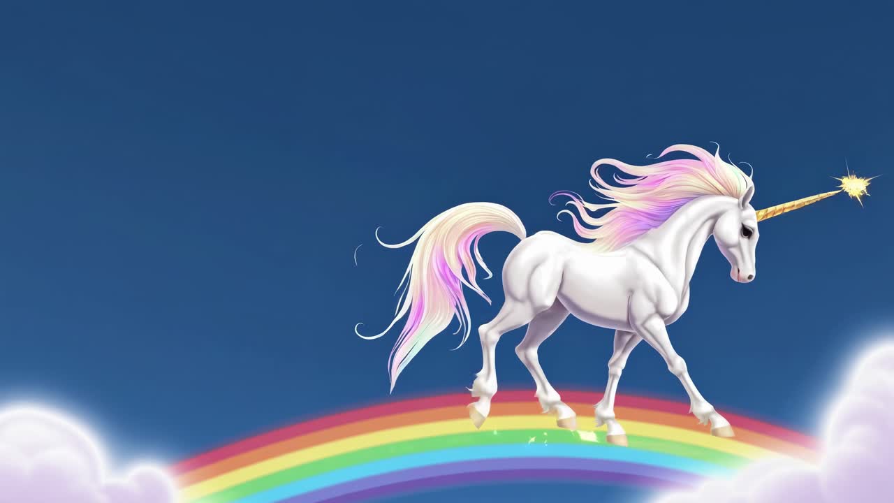 White unicorn with rainbow mane and tail prancing gracefully on a vibrant rainbow against a deep blue sky, its golden hooves emitting magical sparkles
