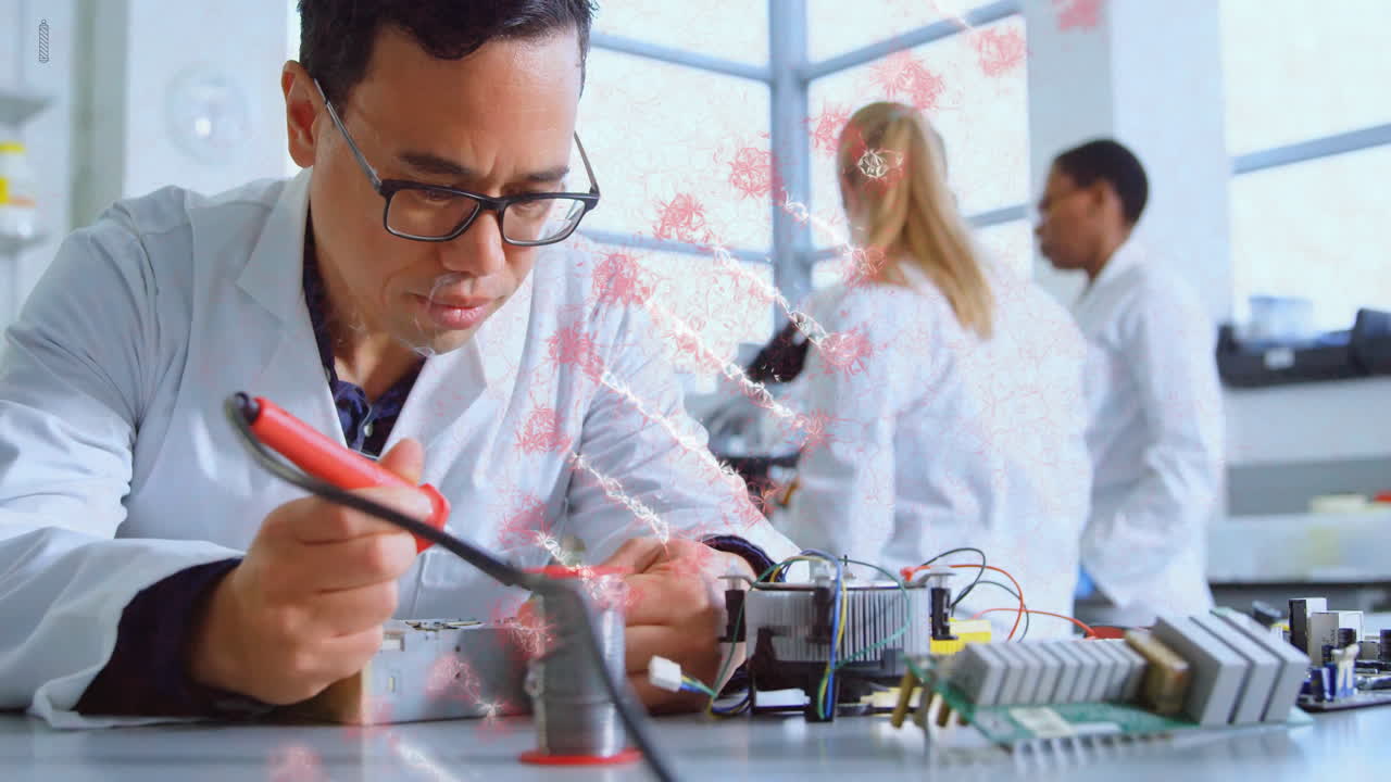 Scientists working on electronic devices with DNA strand animation overlay