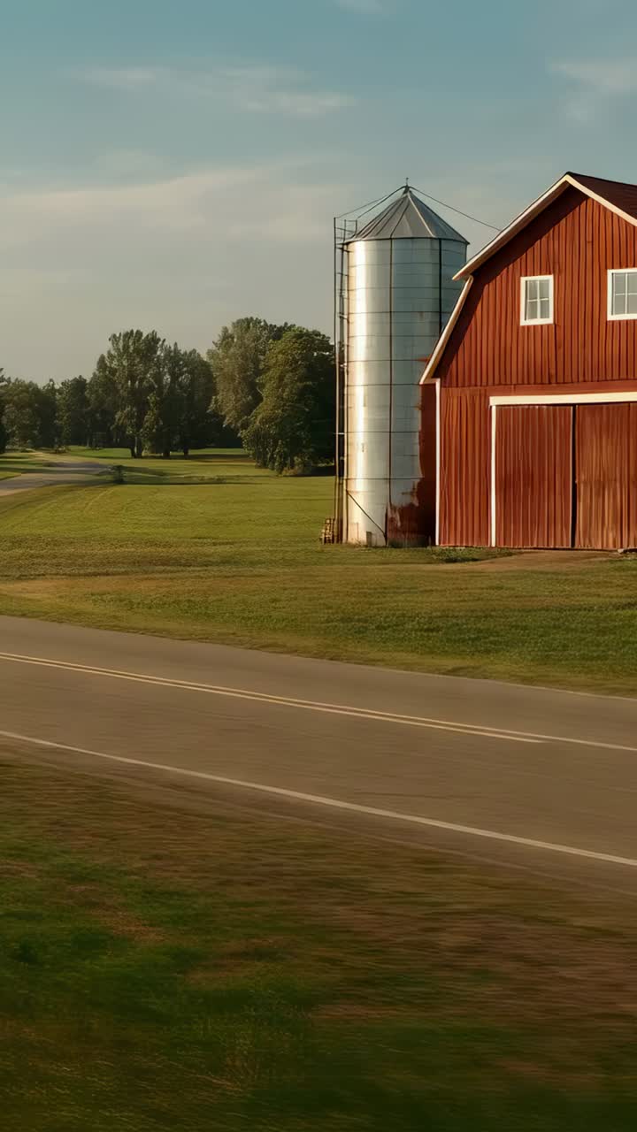 Vertical video: Moving camera passing red barn and metal silo along road, showing farm, copy space