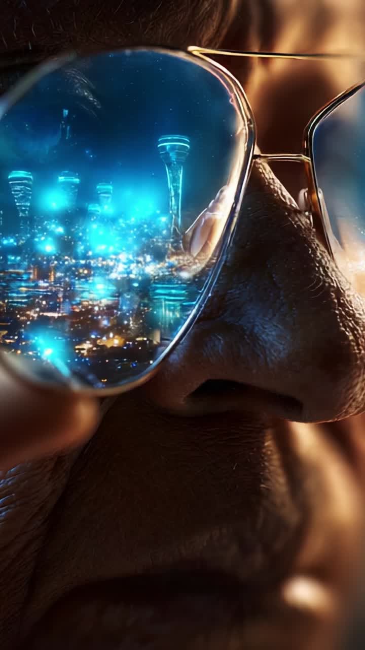 A Close-Up View Reflecting a Futuristic Cityscape in the Sunglasses of an Older Individual, Highlighting the Gleam of Urban Lights and Advanced Architecture