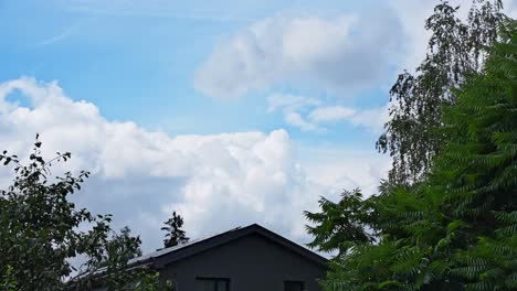 Watch fluffy clouds move swiftly above trees and a rustic wooden rooftop scene