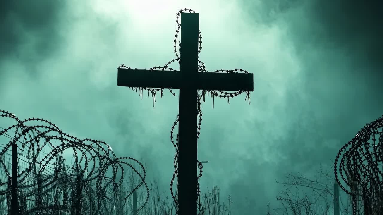 una cruz en el medio de un campo con alambre de púas