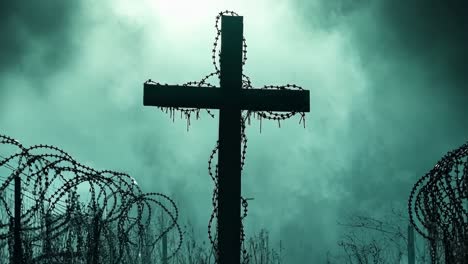 a cross in the middle of a field with barbed wire