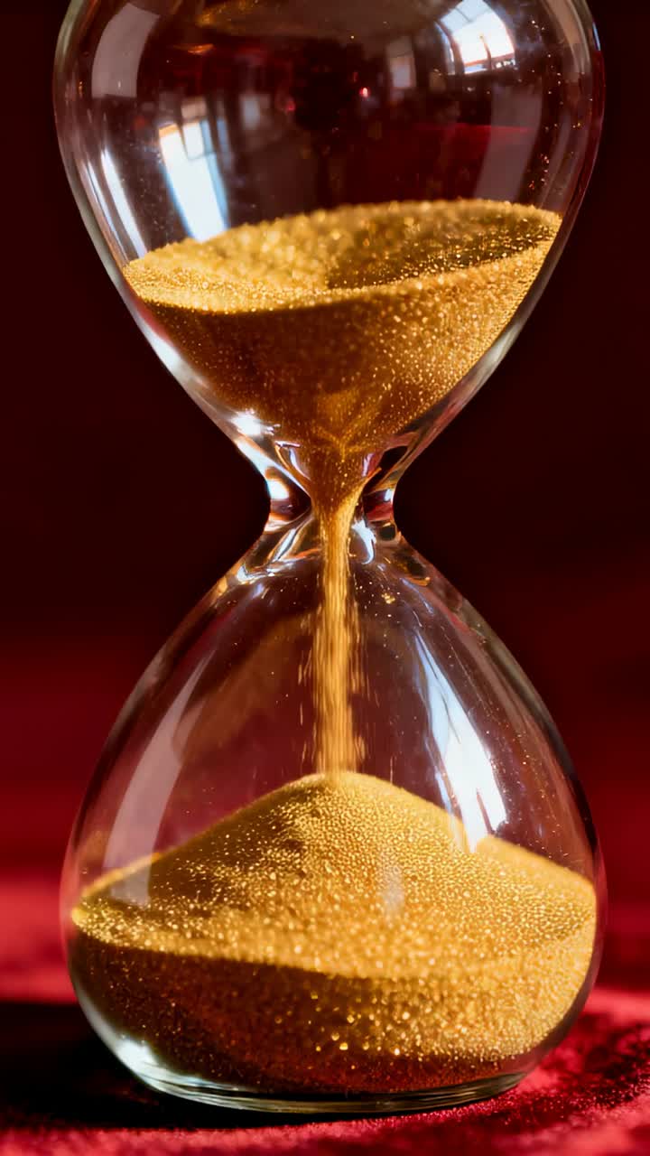 Vertical video: Gold sand flowing starting hourglass filling lower bulb on red rug timing with glow