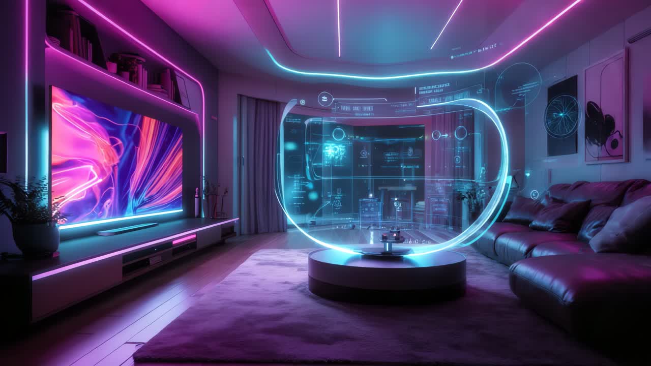 로그래픽 디스플레이가 있는 미래의 스마트 홈 거실
