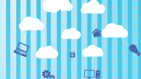 nube azul moviéndose con iconos de redes en fondo a cuadros azul