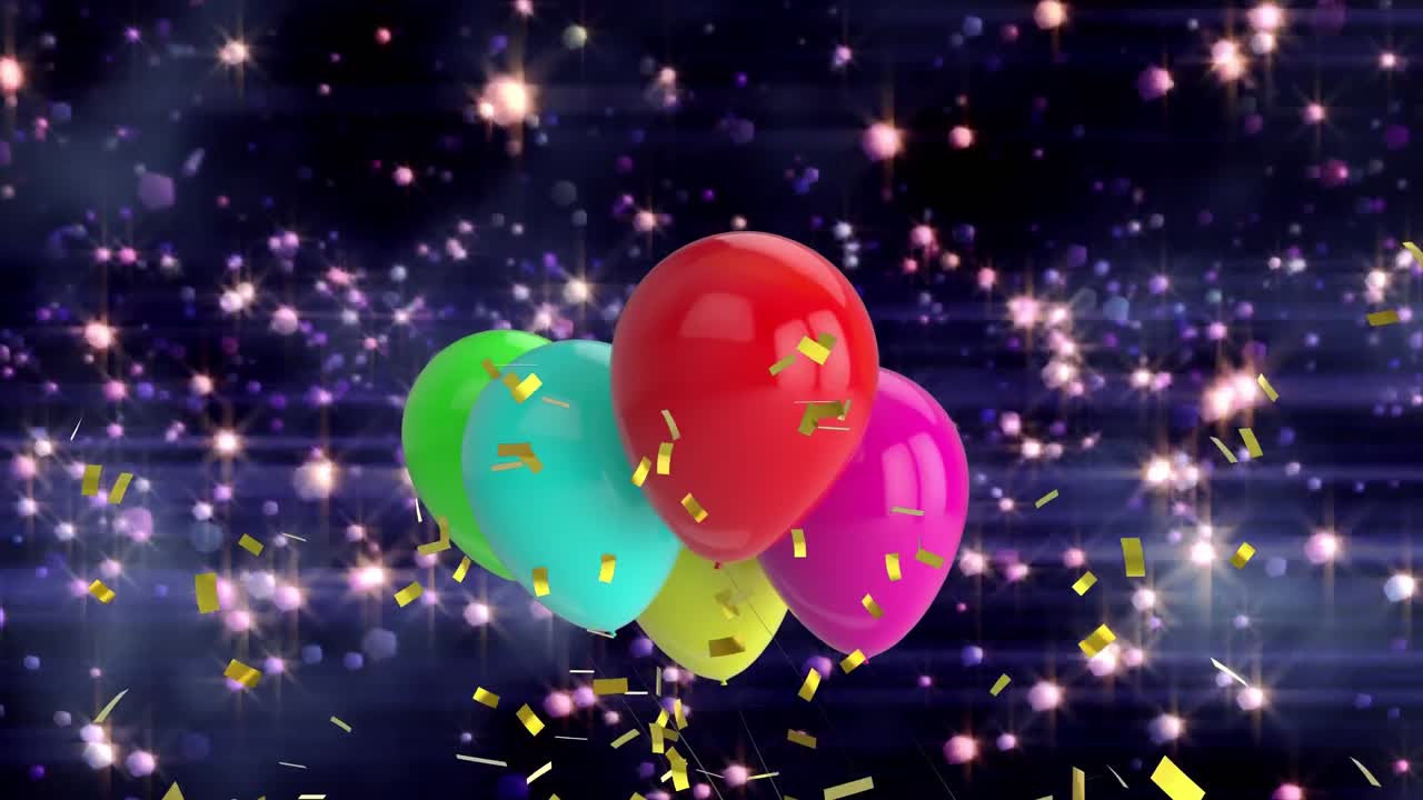 animación de luces brillantes, confeti cayendo y globos volando sobre un fondo negro