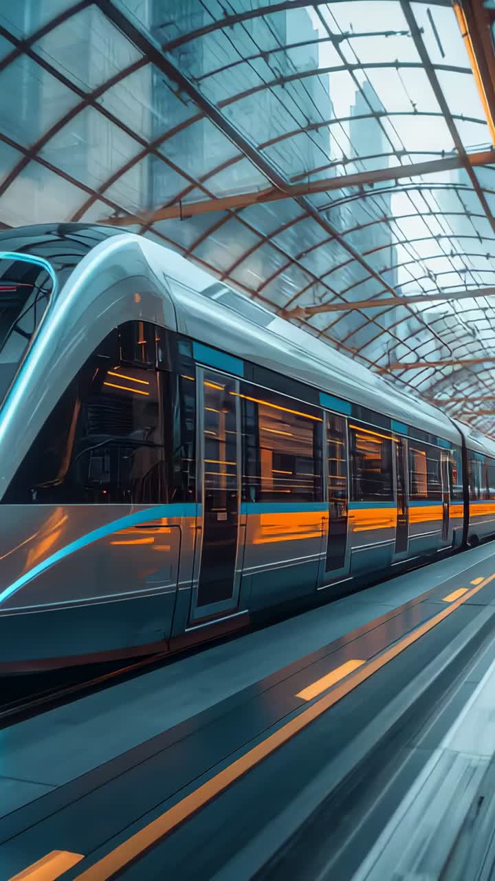 Vertical video: Departing driver initiating metro train moving along covered platform under canopy