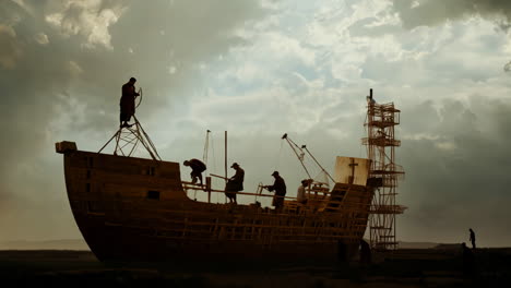 shipbuilders constructing a large wooden vessel at dusk by the coast