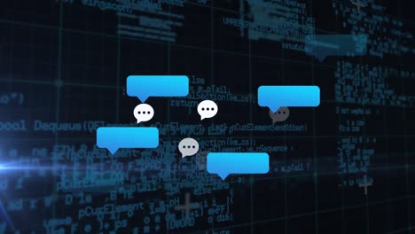 Animation-of-speech-bubble-icons-over-data-processing-on-black-background