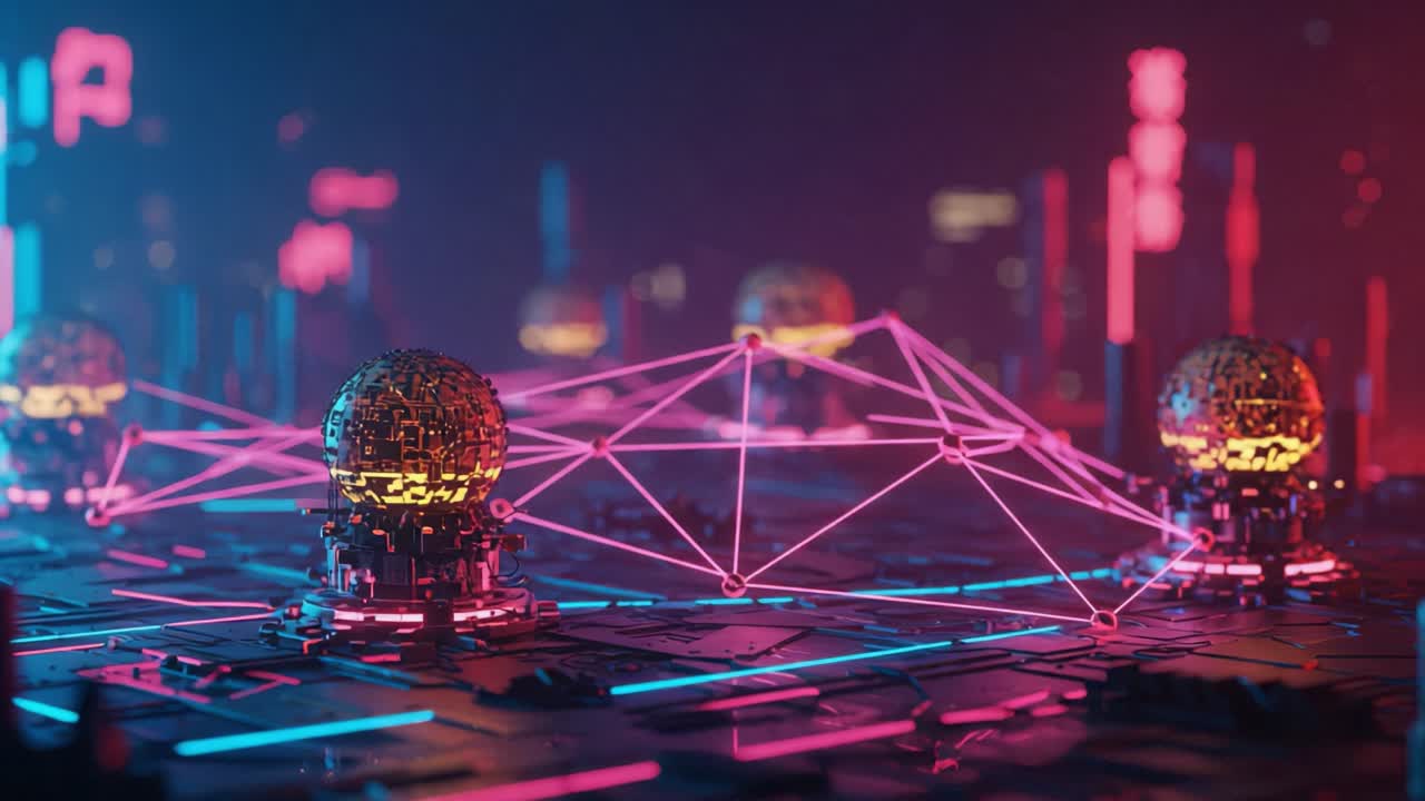 An Intricate Network of Glowing Spheres and Neon Highlights Creating a Futuristic Digital Landscape Emphasizing Connectivity and Technology