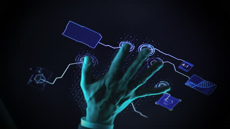 hand interacting with a futuristic touchscreen