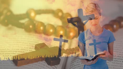 animation of clouds and crosses over caucasian woman reading bible