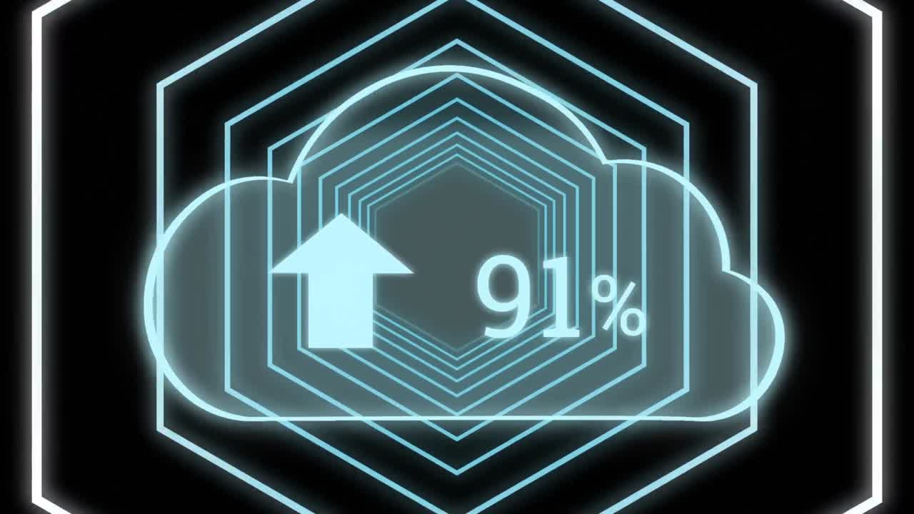 네온 육각형 위에 점점 더 많은 수를 가진 구름의 애니메이션