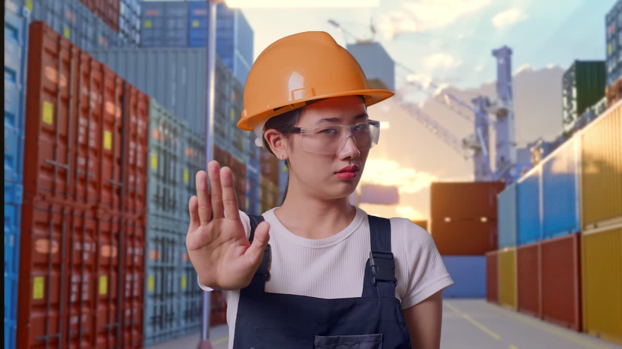 Close Up Of Asian Woman Worker Wearing Goggles And Safety Helmet Looking At Camera And Disapproving With No Hand Sign While Standing At Container Yard Warehouse