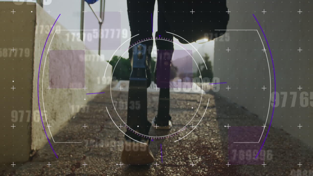 ランニングコースでランニングブレードを装着した障害のある男性アスリートのデジタルデータ処理のアニメーション