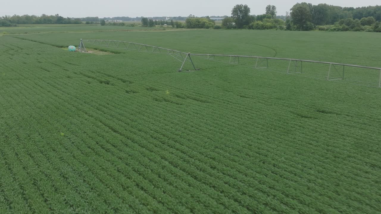 Aerial view of a soybean field with Pivot installed on a cloudy day.
