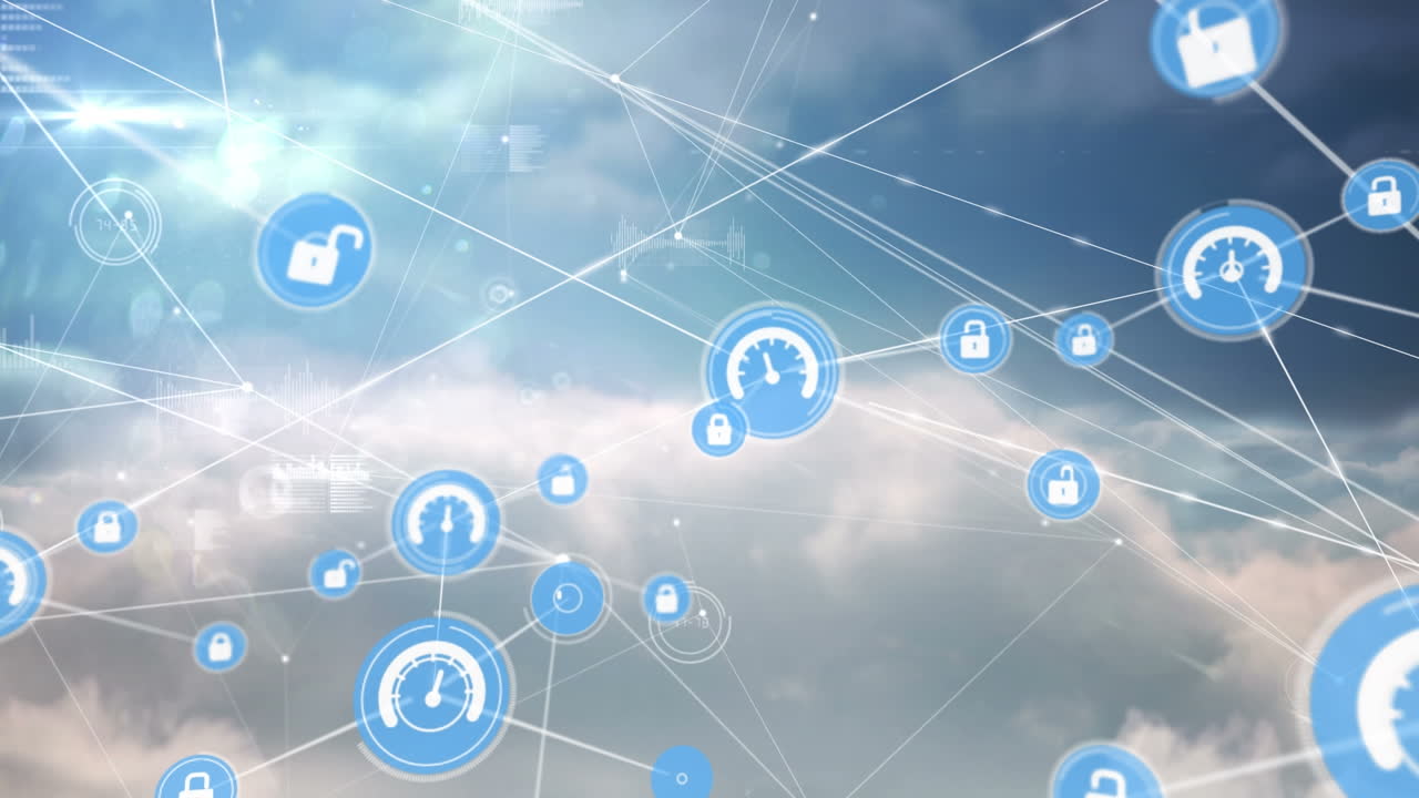 구름이 있는 하늘 위의 아이콘으로 연결된 네트워크의 애니메이션