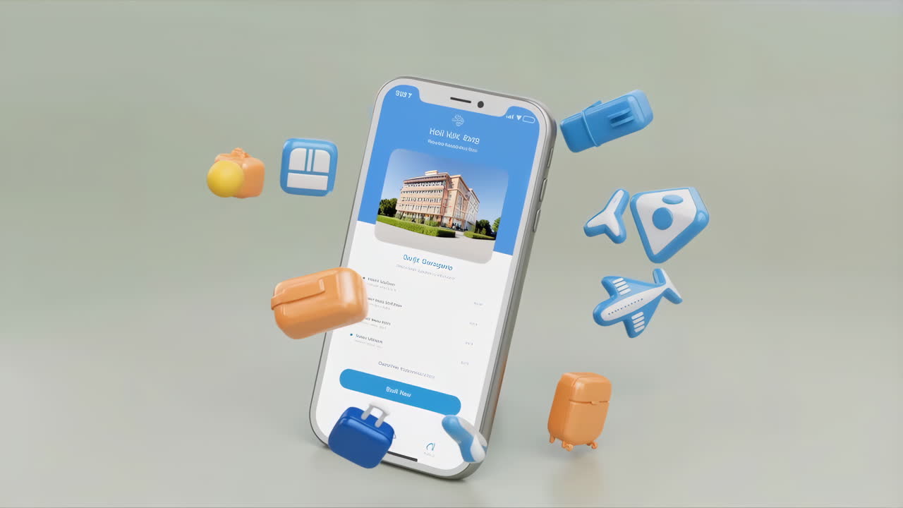 Travel Booking Mobile App on Smartphone with 3D Travel Icons