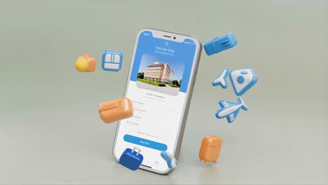 travel booking mobile app on smartphone with 3d travel icons