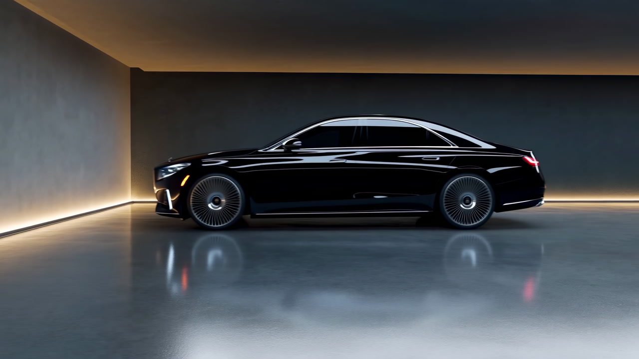 Black Luxury Sedan Driving into Modern Illuminated Garage