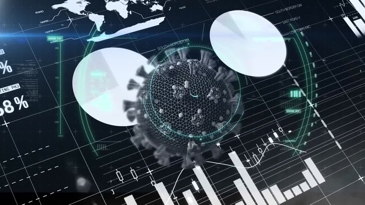 covidanimation of covid 19 cell floating over statistics and data processing