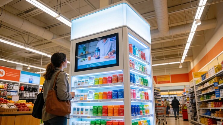 Afspiller demo, viser en kvinde i jakke, der bevæger sig tættere på og ser en oplyst skærm i en supermarkedsgang, med kopiplads