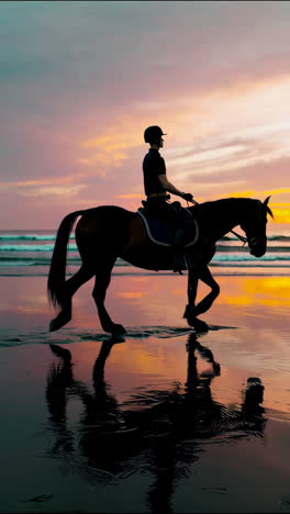 silhouette of a horse rider on a beach at sunset