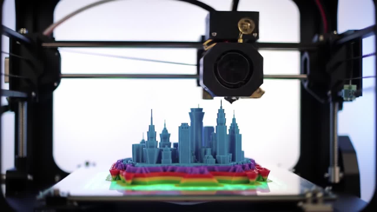 A Close-Up View of a 3D Printer Creating a Colorful Cityscape Model, Showcasing Intricate Details and Vibrant Layers of Filament in the Process