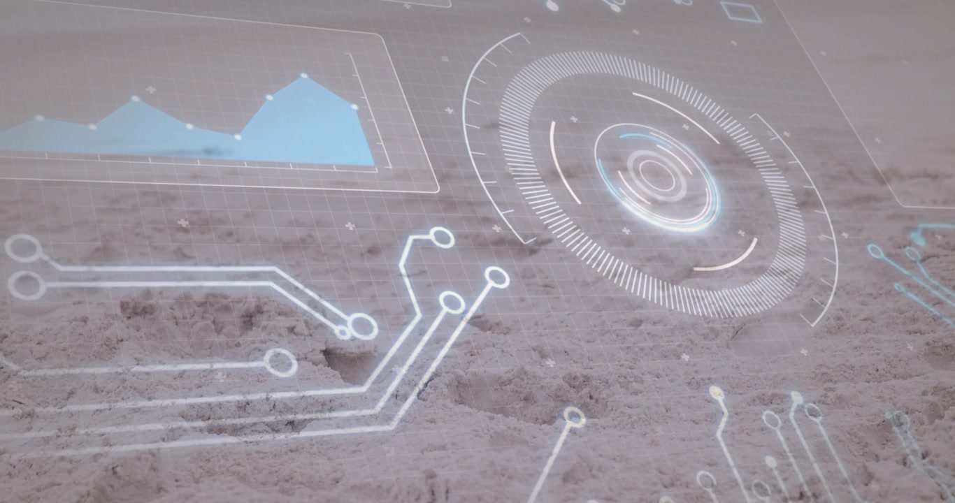 Circular HUD brightening starting holographic UI over sand, pulsing, tracing circuits, showing data
