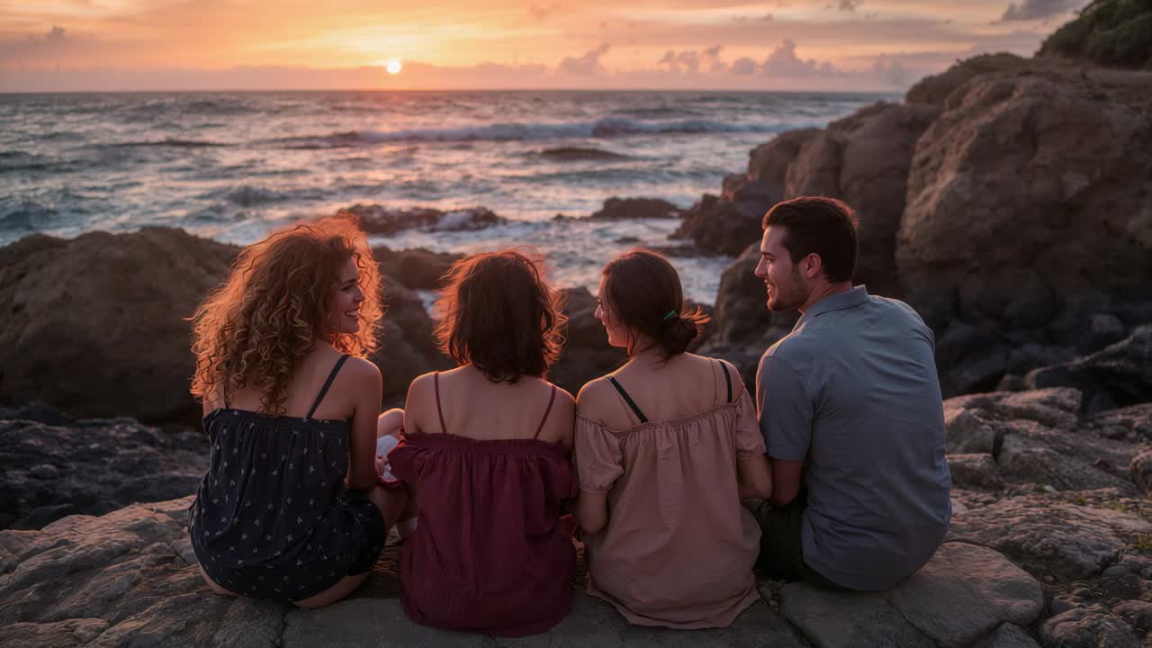 Guardando il tramonto, quattro amici che si voltano a guardare e chiacchierano su uno sperone roccioso con abiti estivi