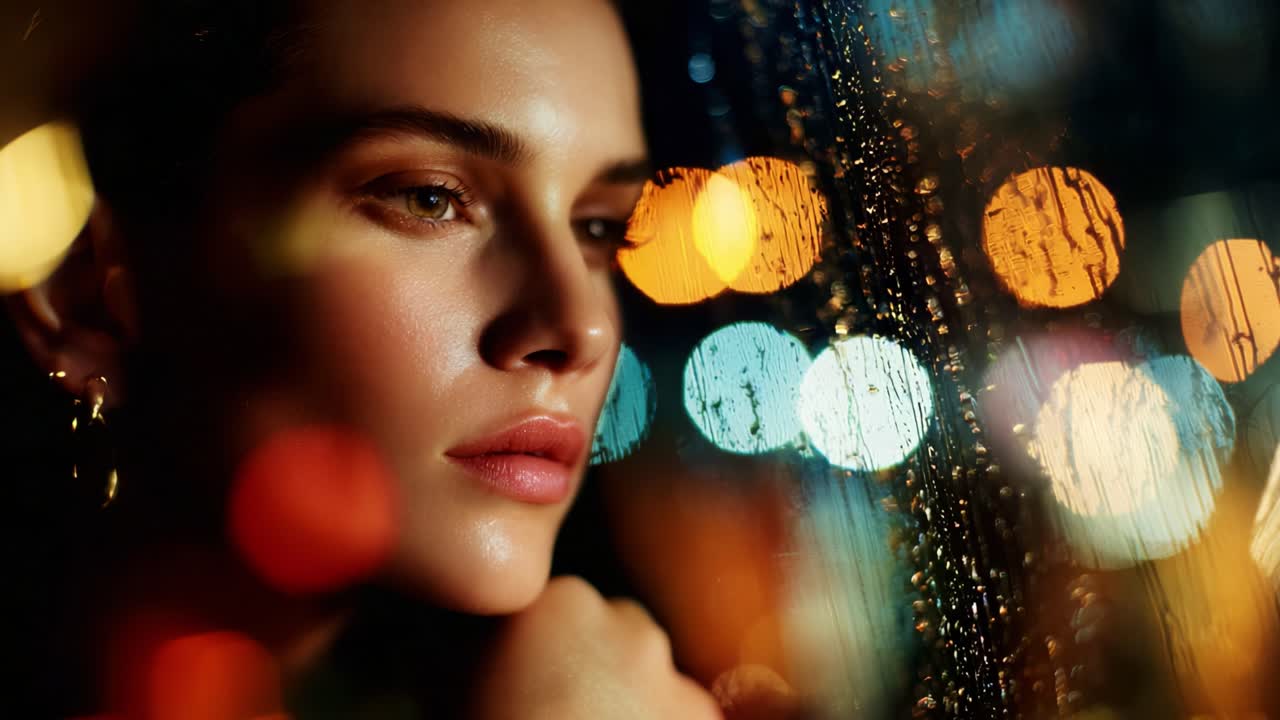 Serata introspettiva: ritratto di una giovane donna che guarda pensierosa attraverso una finestra su cui scende la pioggia, avvolta dalla luce soffusa delle luci della città, creando un'atmosfera da sogno
