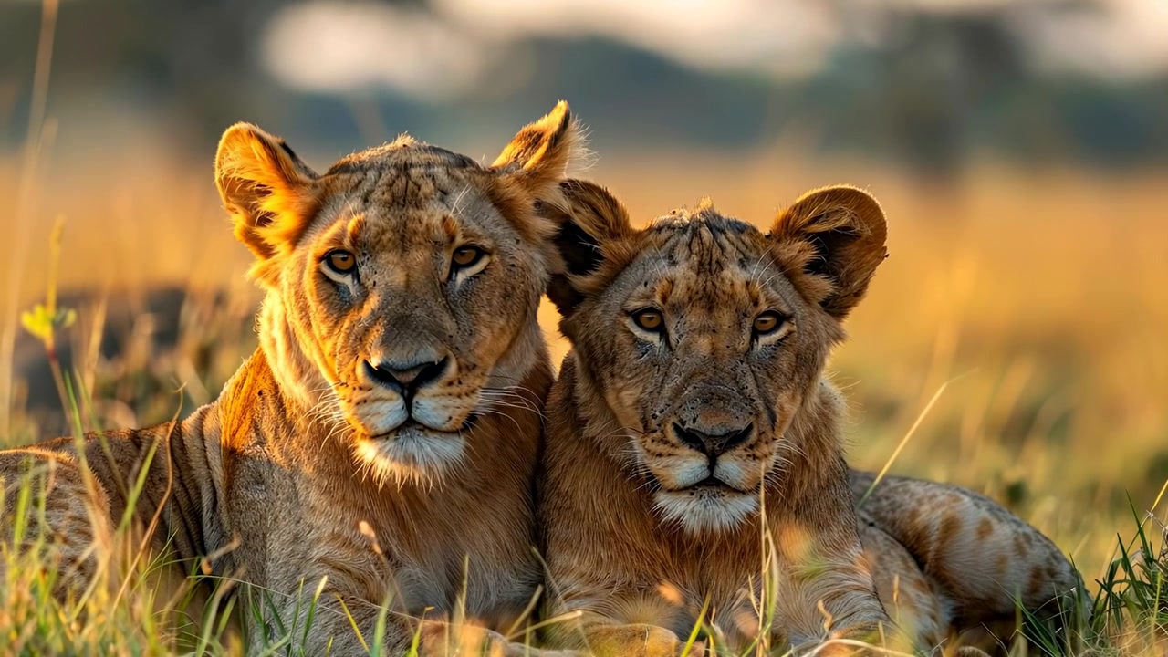 Due giovani leoni che riposano insieme nell'erba secca della savana africana. Primo piano di due giovani leoni sdraiati fianco a fianco nell'erba gialla della savana durante un caldo tramonto.